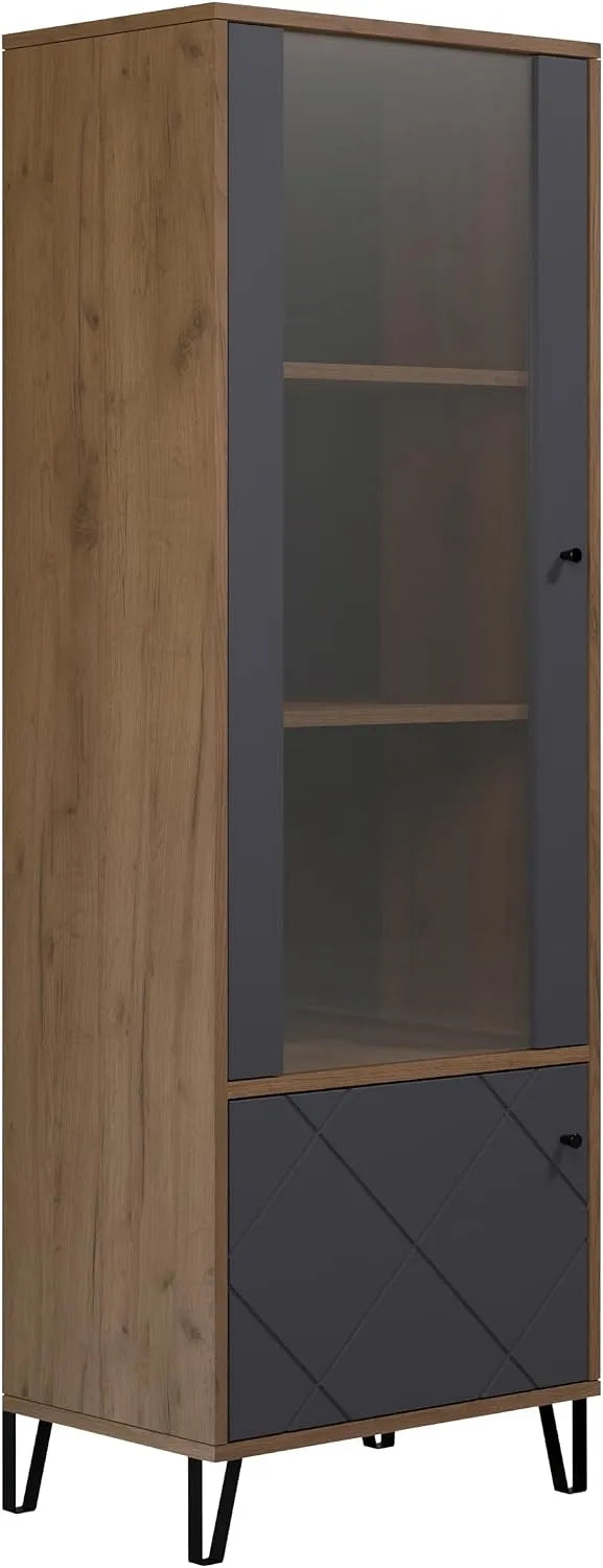 Vitrinenschrank und Glasvitrine — 63 × 172 × 40 cm, grau, aus Metall