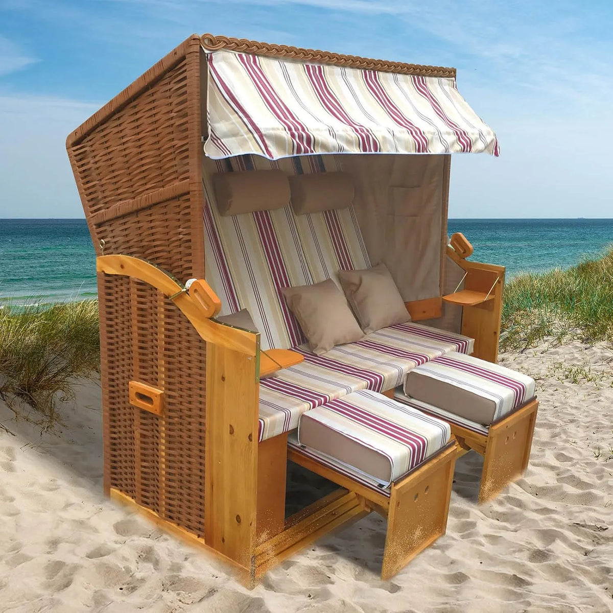 Strandkorb: gestreift, gemustert, mit Rückenlehne, mit Kissen, wetterfest, 3-Sitzer, 165cm, verstellbar