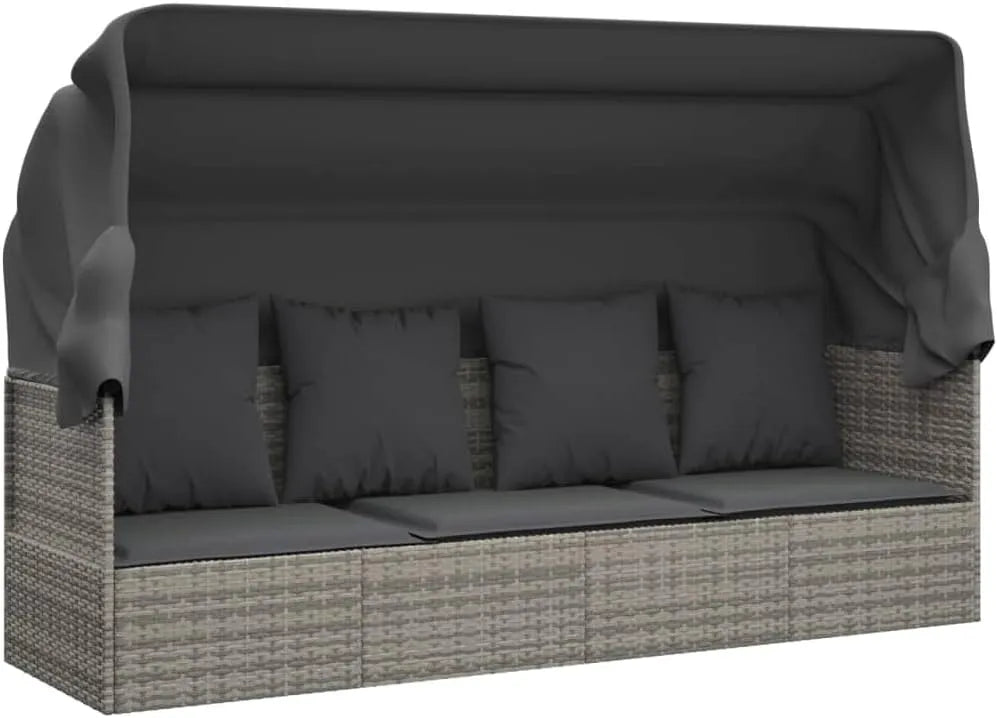 Outdoor-Loungebett mit Dach und Kissen Grau Poly Rattan — mit Kissen, aus Polyrattan