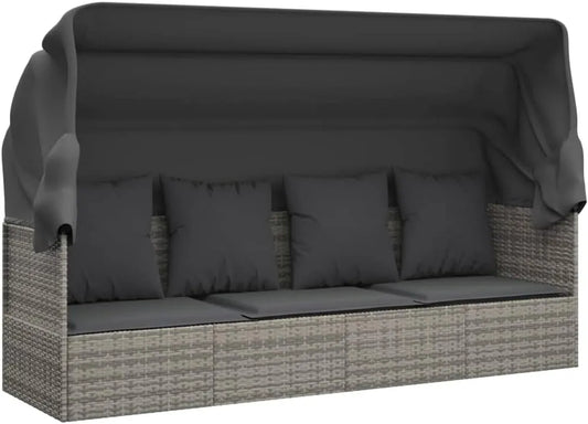 Outdoor-Loungebett mit Dach und Kissen Grau Poly Rattan — mit Kissen, aus Polyrattan