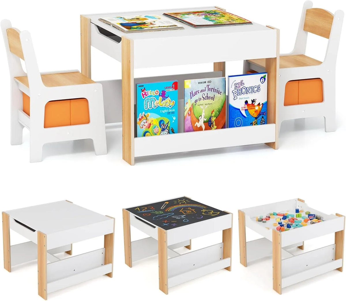 COSTWAY Tischplatte – für Kinder, wendbar, aus Holz, mit Stauraum, 3 teilige
