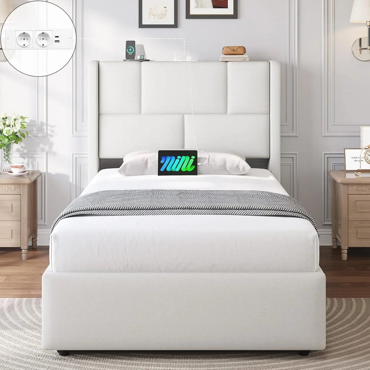 Polsterbett und gepolstertes Bettgestell — USB-A, mit Stauraum, mit Bettkasten, höhenverstellbar, mit USB-Anschluss, 90 × 200 cm, weiß