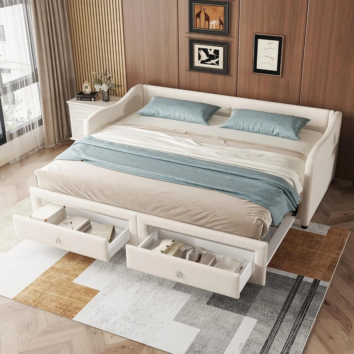 Polsterbett und gepolstertes Bettgestell — Erweiterbares Tagesbett, mit Schubladen, ausziehbar, 2 Schubladen, 90 × 200 cm, beige