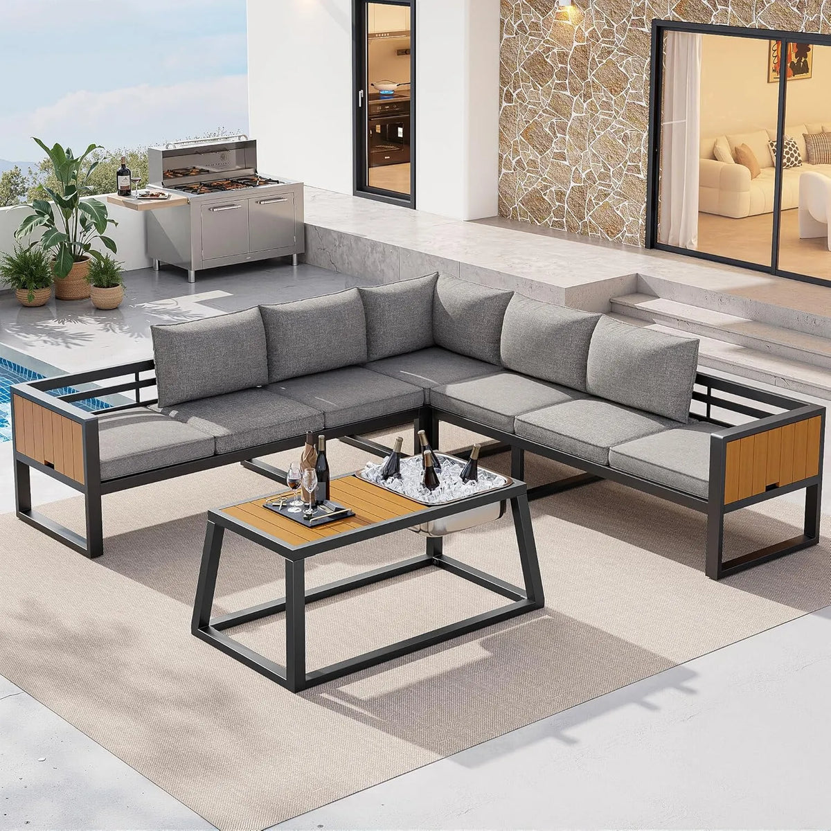 Gartenmöbel-Set und Lounge-Set — aus Metall, modular, mit Armlehnen, mit Rückenlehne, 7 Sitzer, grau, klappbar, verstellbar, 7-Sitzer