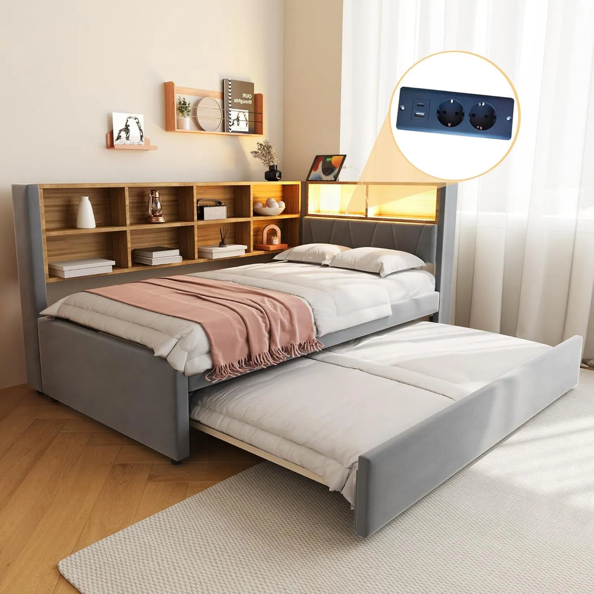 Schlafsofa und Sofabett — ausziehbar, LED-Anzeige, 90 × 200 cm, 90 × 190 cm, grau