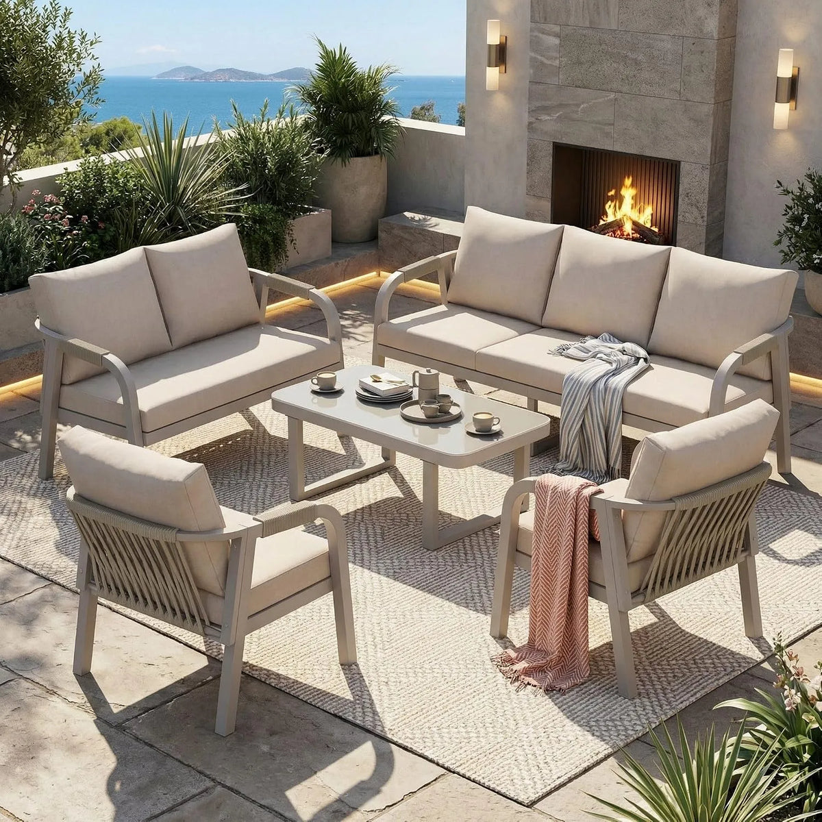 Gartenmöbel-Set und Lounge-Set: aus Glas, 3-Sitzer, 2-Sitzer, beige