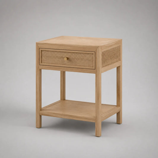 Eichenholz Nachttisch mit Rattan Schublade