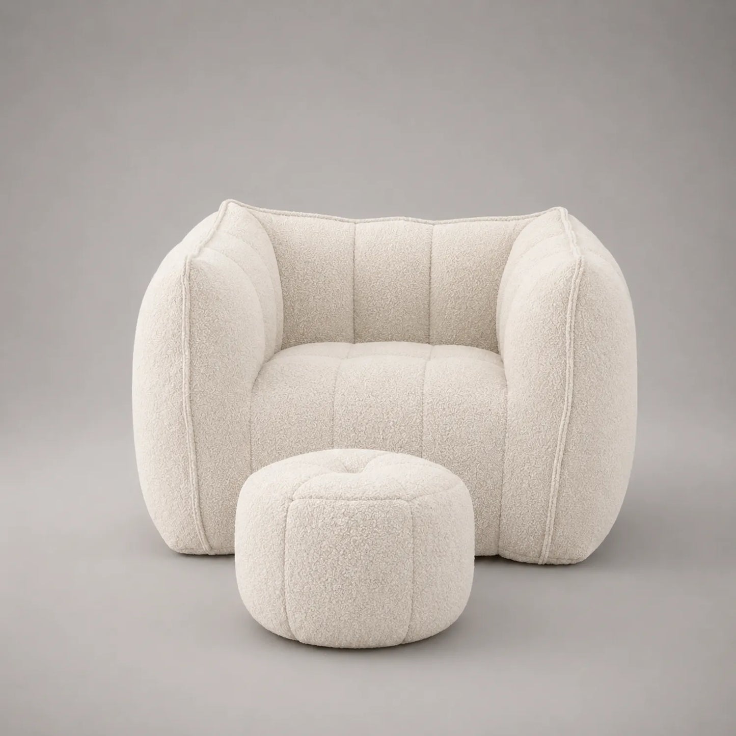 Bouclé Sessel mit Hocker Set Creme