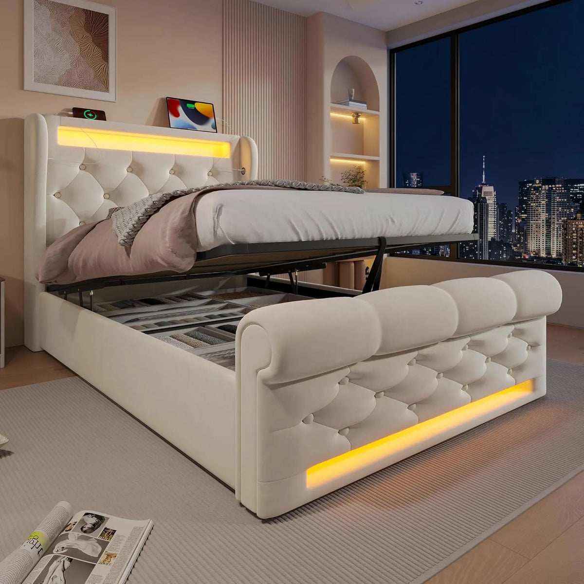 Polsterbett und gepolstertes Bettgestell: mit Stauraum, mit USB-Anschluss, mit Samtbezug, mit Lattenrost, 90 × 200 cm, beige, mit LED-Beleuchtung