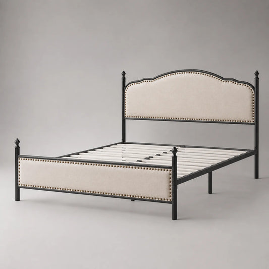 Metallbett mit Leinenpolsterung 140x200cm Beige/Schwarz
