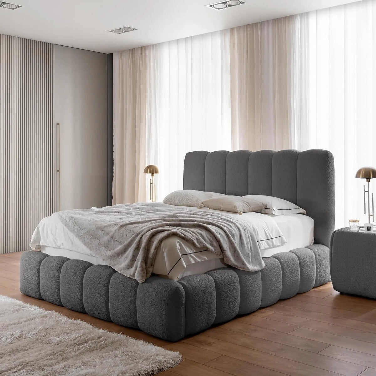 Polsterbett und gepolstertes Bettgestell: mit Stauraum, mit Lattenrost, mit Bouclé-Bezug, 120 × 200 cm, grau