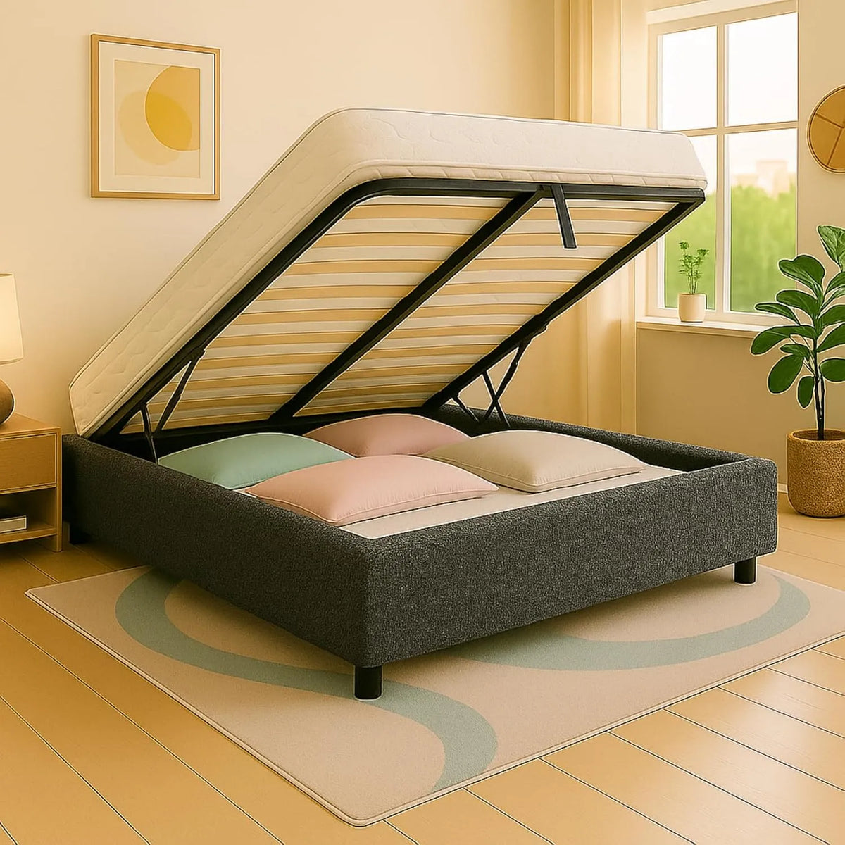 Polsterbett und gepolstertes Bettgestell – mit Stauraum, 160 × 200 cm, 900 l, mit Stoffbezug