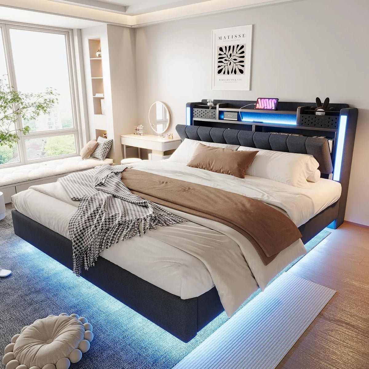 Polsterbett und gepolstertes Bettgestell – mit Stauraum, mit USB-Anschluss, mit Lattenrost, LED-Anzeige, 160 × 200 cm, grau