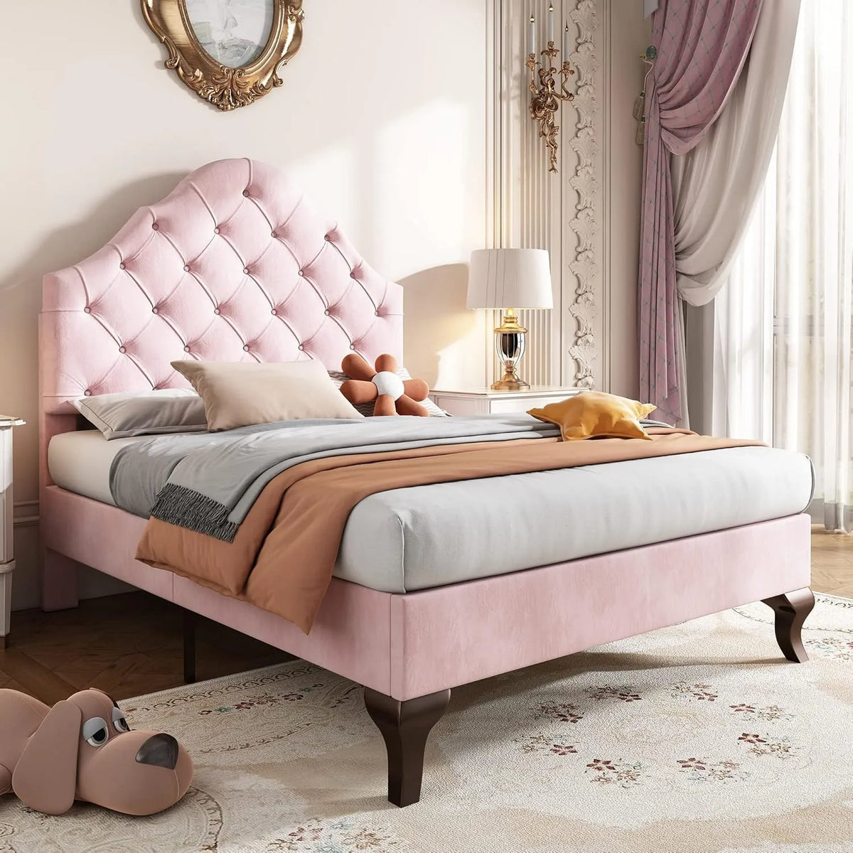 Polsterbett und gepolstertes Bettgestell – für Kinder, höhenverstellbar, mit Samtbezug, mit Lattenrost, 90 × 200 cm, rosa