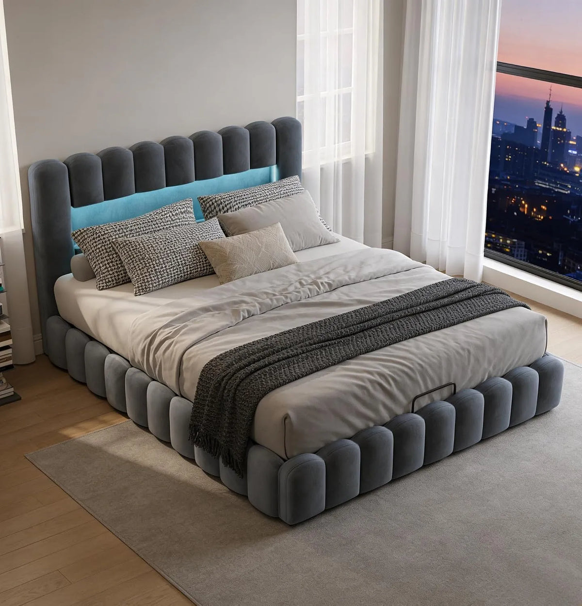 Bettgestell und Bettrahmen: mit Stauraum, mit USB-Anschluss, mit Samtbezug, mit Lattenrost, 180 × 200 cm, grau, mit LED-Beleuchtung