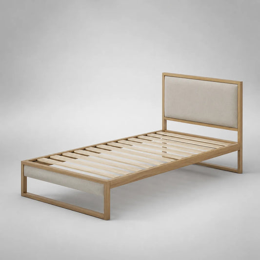 Einzelbett aus Eichenholz mit Polsterkopfteil 200x100 cm Beige