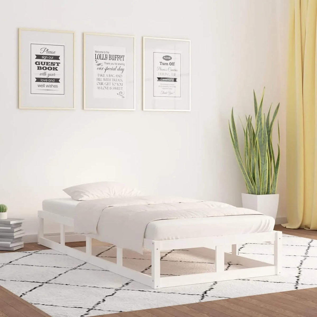 Holzbett 90x200 cm Massives Kiefernholz Weiß für Einzelzimmer Model820782 — 90 × 200 cm