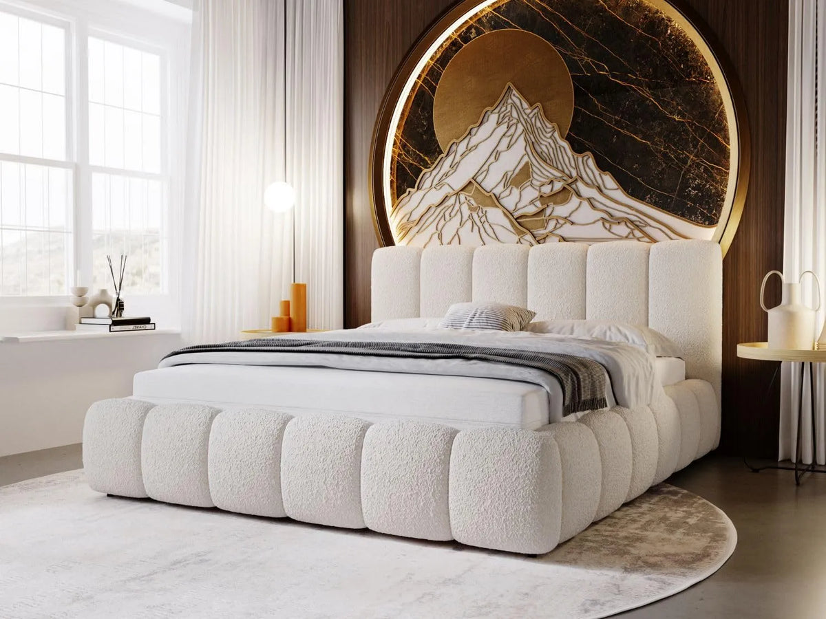 Polsterbett und gepolstertes Bettgestell: mit Bettkasten, mit Lattenrost, mit Bouclé-Bezug, 160 × 200, beige, mit Stoffbezug
