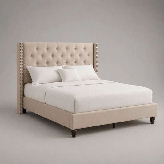 Polsterbett mit hohem Kopfteil Baumwoll-Leinen Beige 200x180 cm
