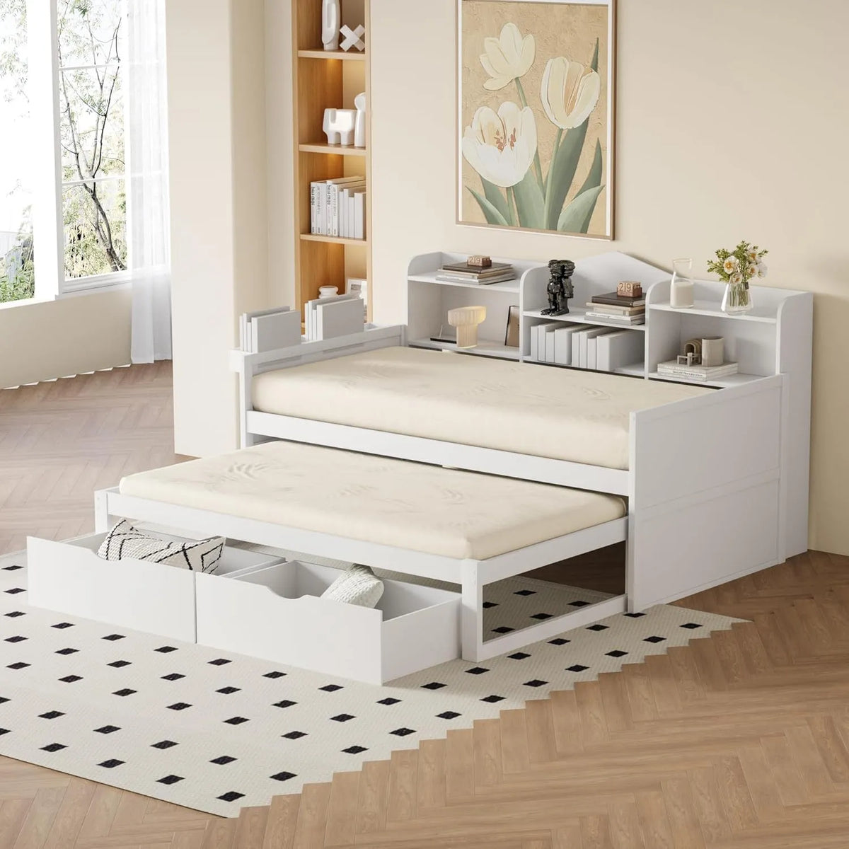 Tagesbett und Gästebett: Einzelbett, mit Stauraum, mit Schubladen, mit USB-Anschluss, mit Lattenrost, 90 × 200 cm, 90 × 190 cm