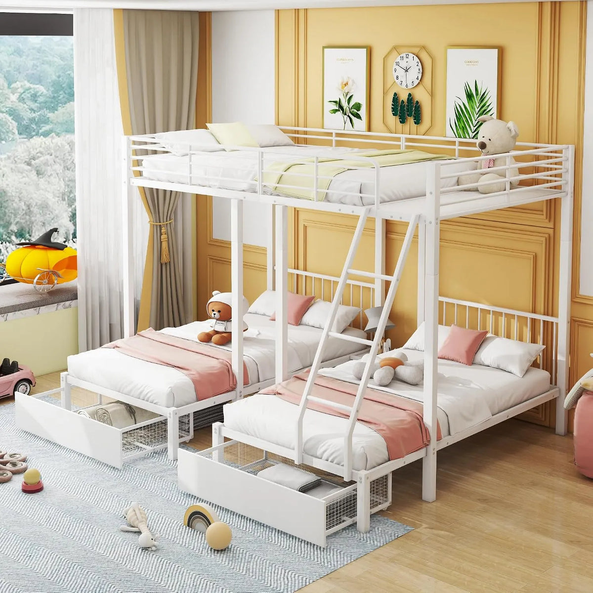 Etagenbett und Hochbett – mit Schubladen, 2 Schubladen, 140 × 200, 90 × 200, 140 × 200 cm, weiß, aus Metall