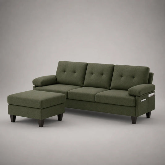 3-Sitzer Sofa Set mit Ottomane Stoff Dunkelgrün 220cm