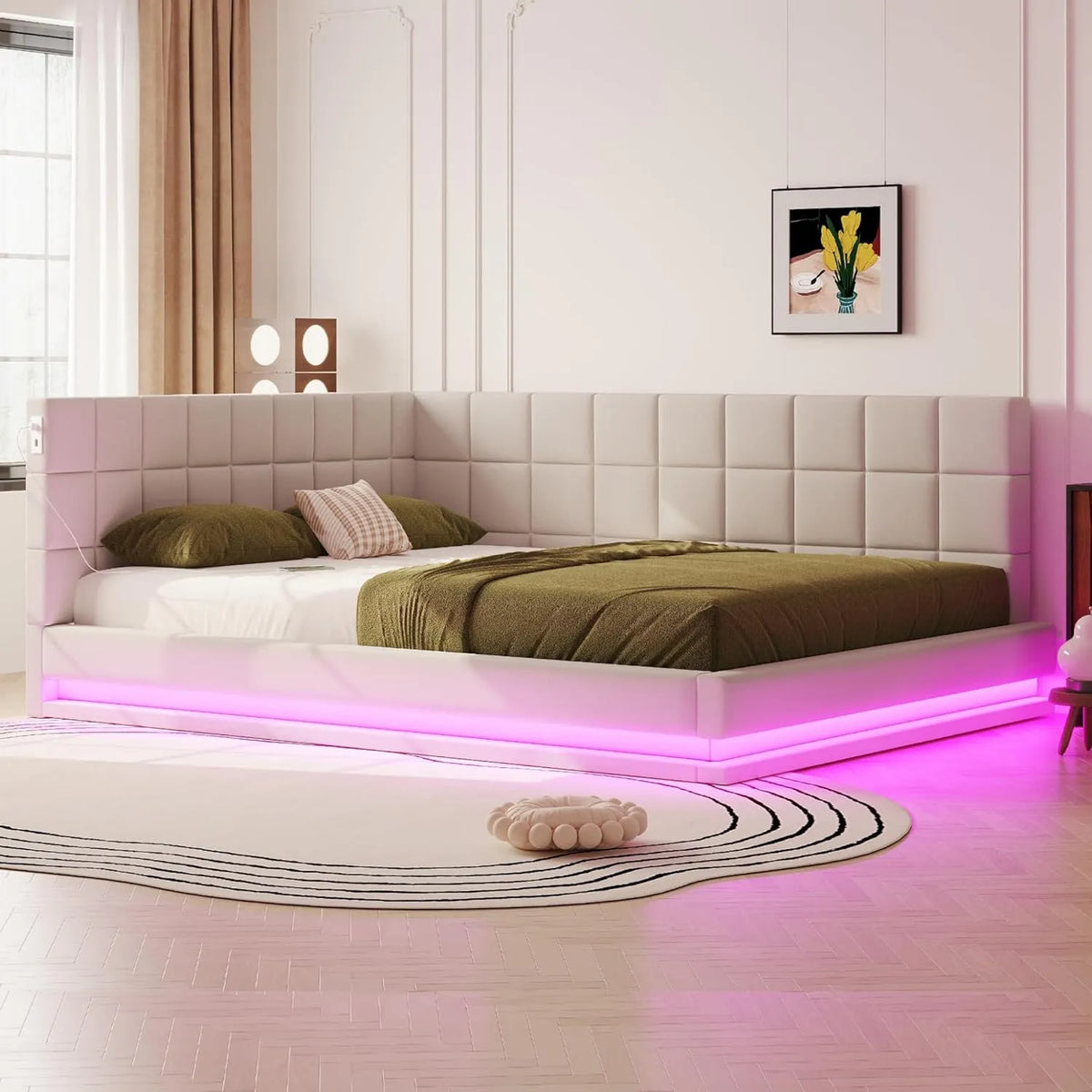 Polsterbett und gepolstertes Bettgestell — mit USB-Anschluss, mit Lattenrost, LED-Anzeige, 160 × 200, beige