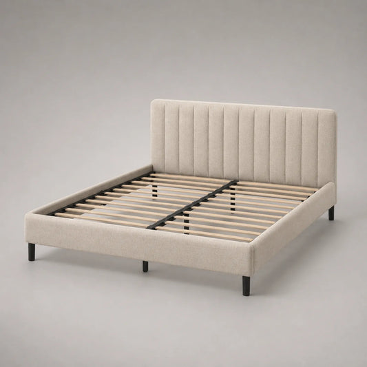 Holz- und Metallbett mit Stoffkopfteil Hellbeige 200x160 cm