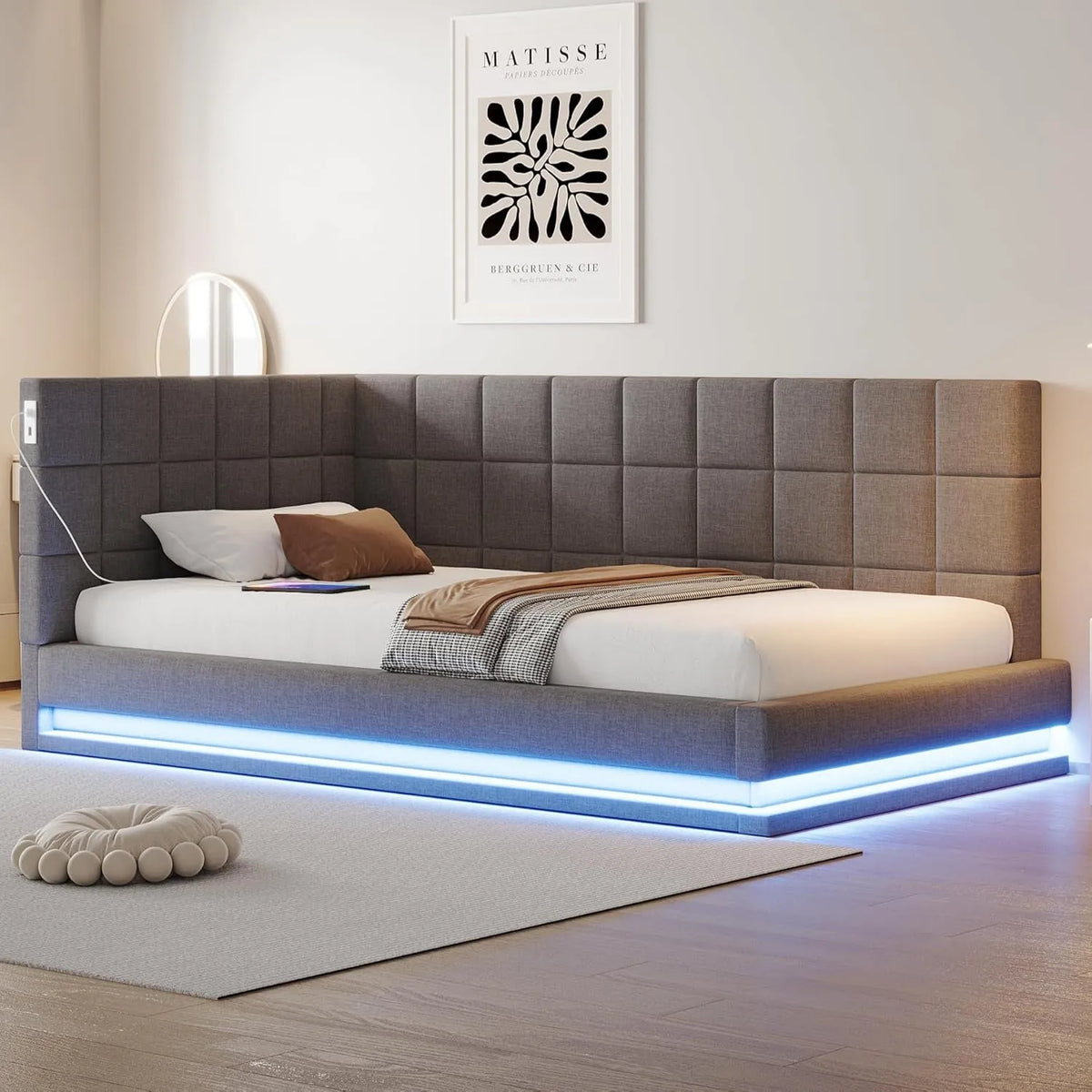 Polsterbett und gepolstertes Bettgestell — mit USB-Anschluss, mit Samtbezug, mit Lattenrost, LED-Anzeige, 90 × 200, grau, mit Stoffbezug