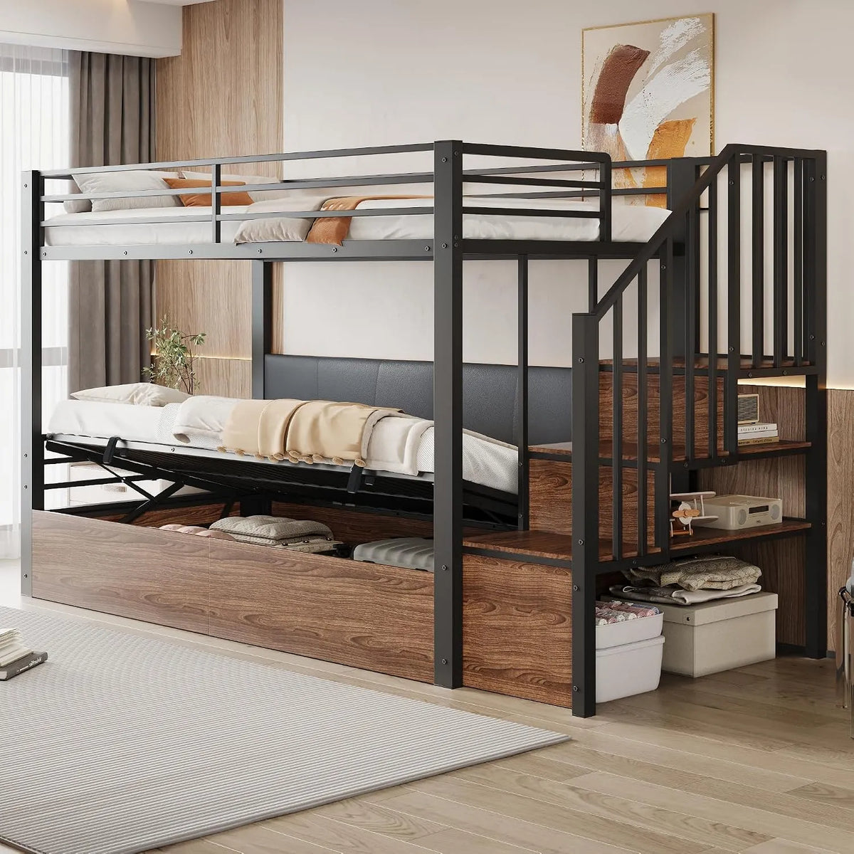 Kinderbett: aus Metall, mit Stauraum, mit Treppe, mit Rausfallschutz, 90 × 200, schwarz