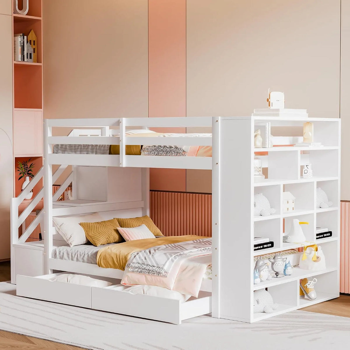 Kinderbett – mit Schubladen, mit Treppe, mit Rausfallschutz, mit Lattenrost, 2 Schubladen, 90 × 200, weiß